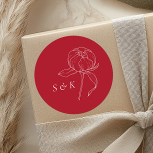 Elegant Red Peony Monogram Wedding Classic Round Sticker