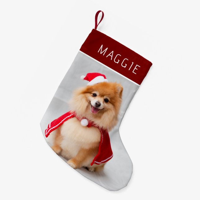 Elegant Red Pet Dog Photo Custom Name Small Christmas Stocking (Front (Hanging))