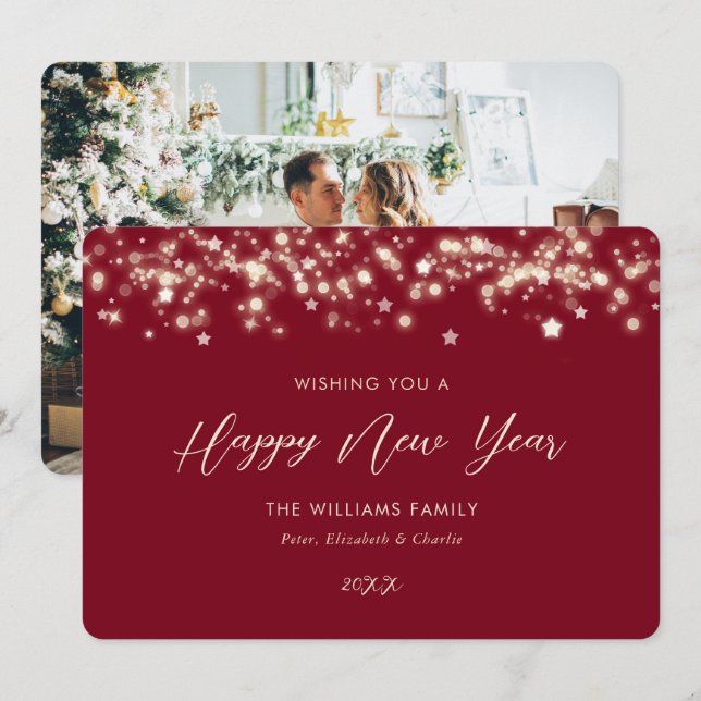 Elegant Red Photo Happy New Year Card (Front/Back)