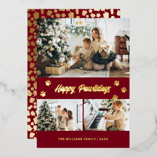 Elegant Red Photo Happy Pawlidays Gold Foil Holiday Card