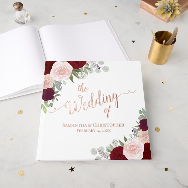 Elegant Red & Pink Boho Roses Foil Wedding Foil Guest Book (Front Open)