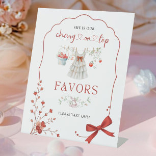 Elegant Red Pink Bow Cherry Baby Shower Favor  Pedestal Sign