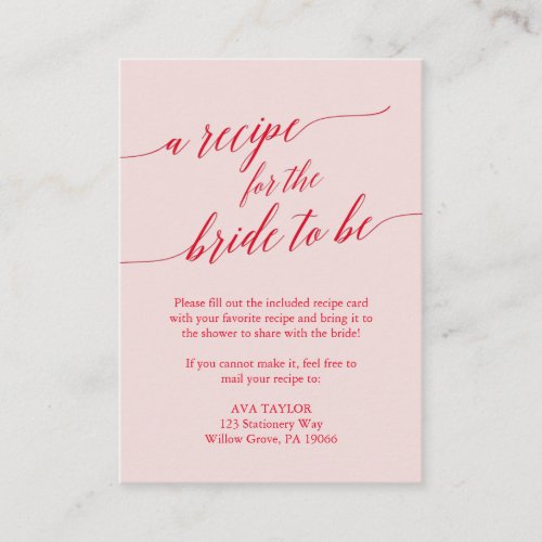 Elegant Red Pink Calligraphy Recipe Card Insert