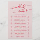 Elegant Red Pink Calligraphy Would She Rather Game Flyer<br><div class="desc">This elegant red pink calligraphy would she rather game is perfect for a simple wedding shower. The neutral design features a minimalist card decorated with romantic and whimsical typography.</div>