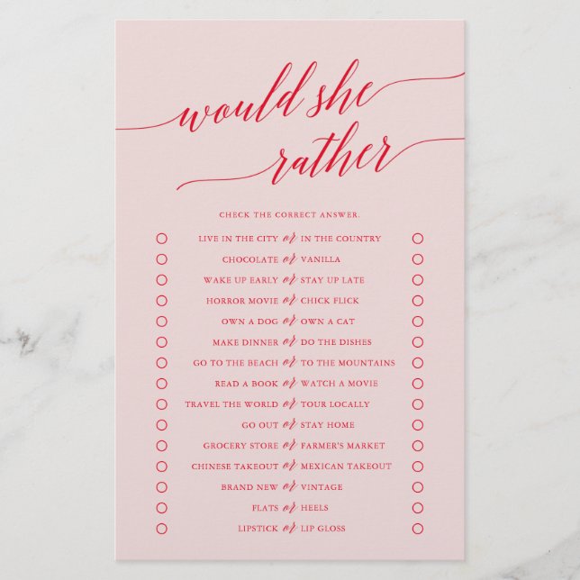Elegant Red Pink Calligraphy Would She Rather Game Flyer (Front)