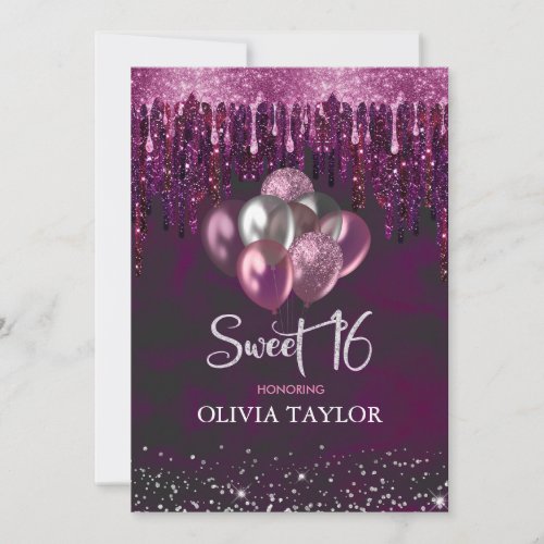 Elegant red pink drips glitter balloons sweet 16 i invitation