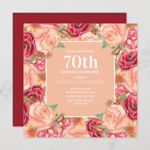 Elegant Red Pink Floral 70th Birthday Party Women Invitation