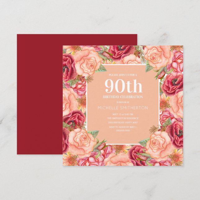 Elegant Red Pink Floral 90th Birthday Party Women Invitation (Front/Back)