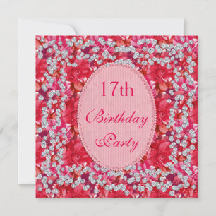 Elegant Red/Pink Floral & Diamonds 17th Birthday Invitation