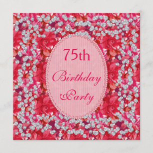 Elegant Red/Pink Floral & Diamonds 75th Birthday Invitation