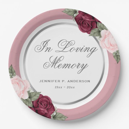 Elegant Red Pink Floral In Loving Memory Paper Plates