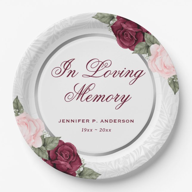 Elegant Red Pink Floral Memorial Funeral Paper Plates (Front)