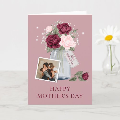 Elegant Red Pink Floral Photo Happy Mothers Day Card