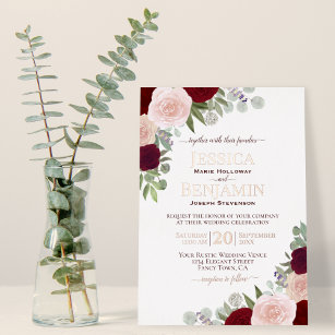 Elegant Red & Pink Floral with Rose Gold Wedding Foil Invitation