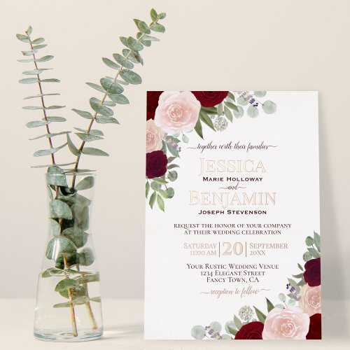 Elegant Red  Pink Floral with Rose Gold Wedding Foil Invitation