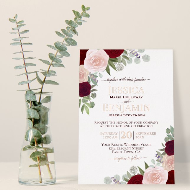 Elegant Red & Pink Floral with Rose Gold Wedding Foil Invitation (Real Foil Text Highlights!)