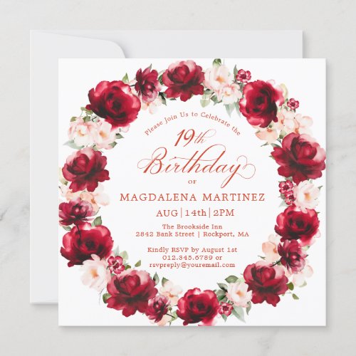 Elegant Red Pink Floral Wreath 19th Birthday Invitation