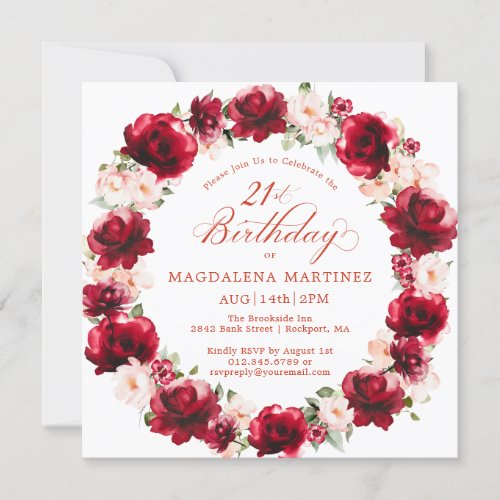 Elegant Red Pink Floral Wreath 21st Birthday Invitation