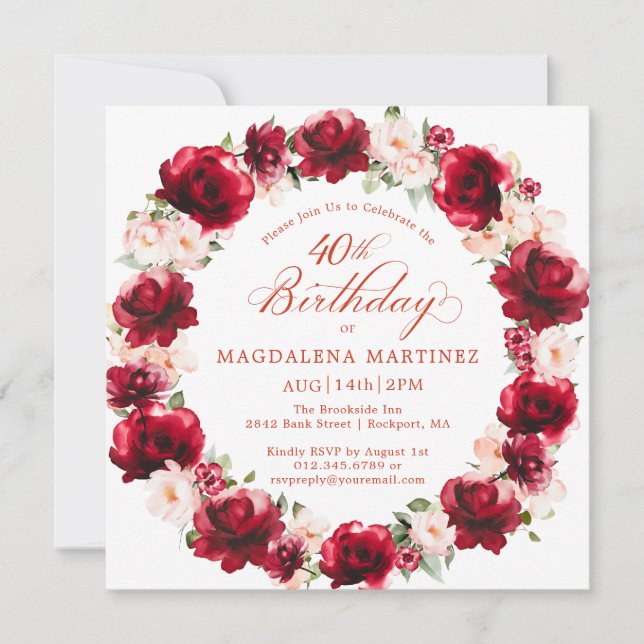 Elegant Red Pink Floral Wreath 40th Birthday Invitation (Front)