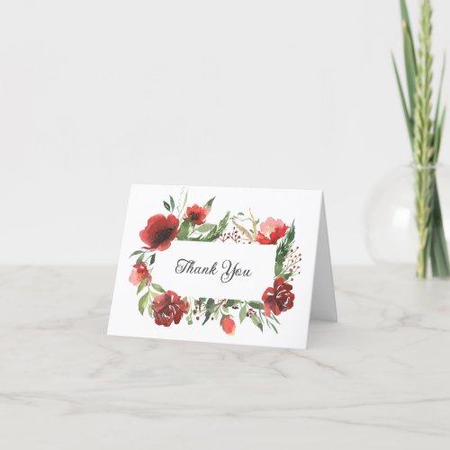 Elegant Red Pink Greenery Floral Watercolor Thank You Card