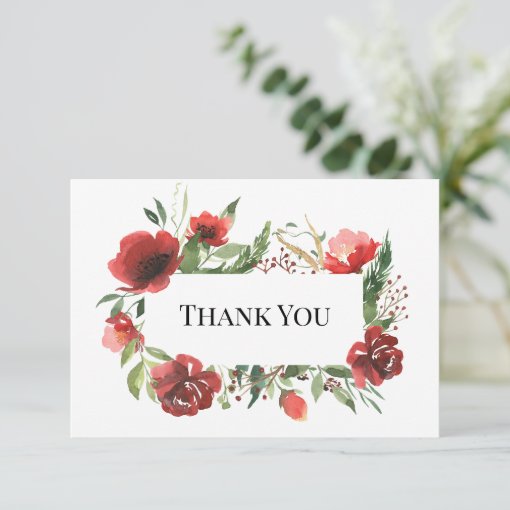 Elegant Red Pink Greenery Floral Wedding Thank You Card | Zazzle