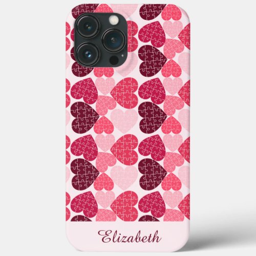Elegant Red Pink Jigsaw Puzzle Heart Pattern Name iPhone 13 Pro Max Case