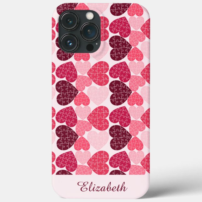 Elegant Red Pink Jigsaw Puzzle Heart Pattern Name Case-Mate iPhone Case (Back)