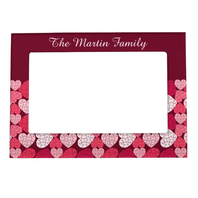 Elegant Red Pink Jigsaw Puzzle Heart Pattern Name Magnetic Frame (Front)