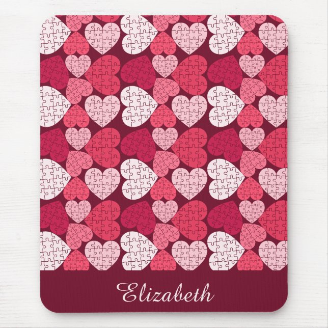 Elegant Red Pink Jigsaw Puzzle Heart Pattern Name Mouse Pad (Front)