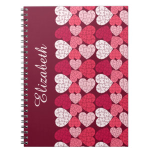 Elegant Red Pink Jigsaw Puzzle Heart Pattern Name Notebook