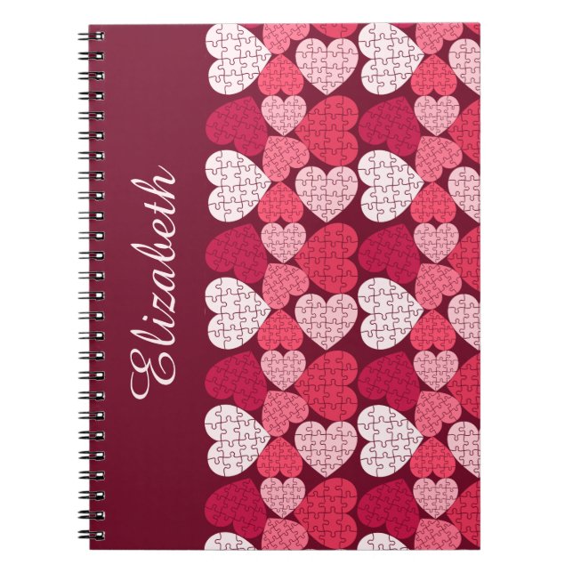 Elegant Red Pink Jigsaw Puzzle Heart Pattern Name Notebook (Front)