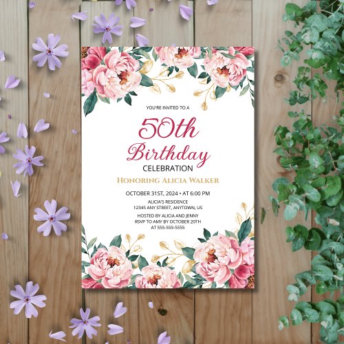 Elegant Red Pink Peony Floral Gold Leaf Birthday  Invitation