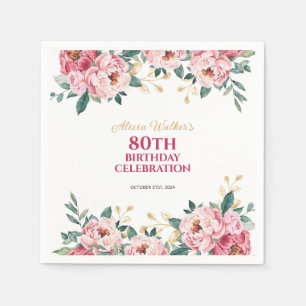 Elegant Red Pink Peony Flower Gold Leaf Birthday Napkins