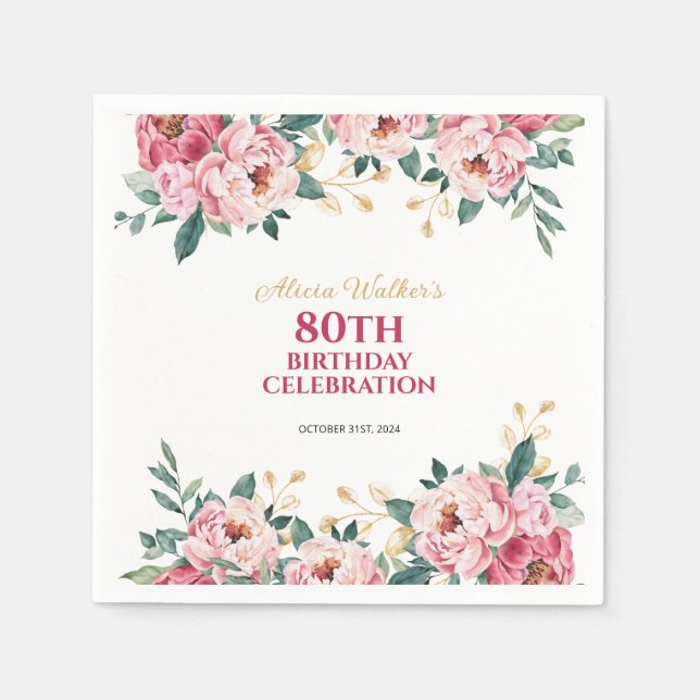 Elegant Red Pink Peony Flower Gold Leaf Birthday  Napkins (Front)