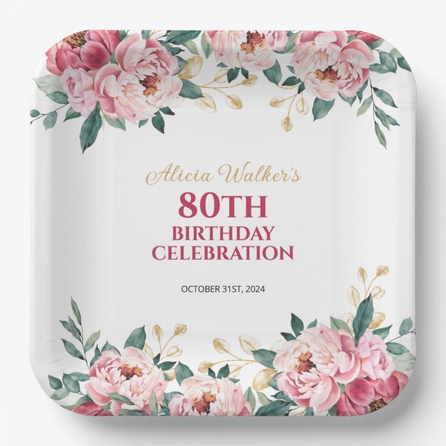 Elegant Red Pink Peony Flower Gold Leaf Birthday  Paper Plates (Front)