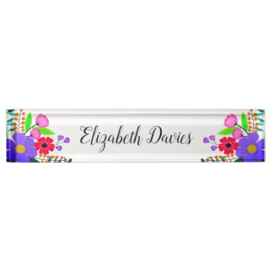 Elegant Red Pink Purple Flowers Desk Name Plate