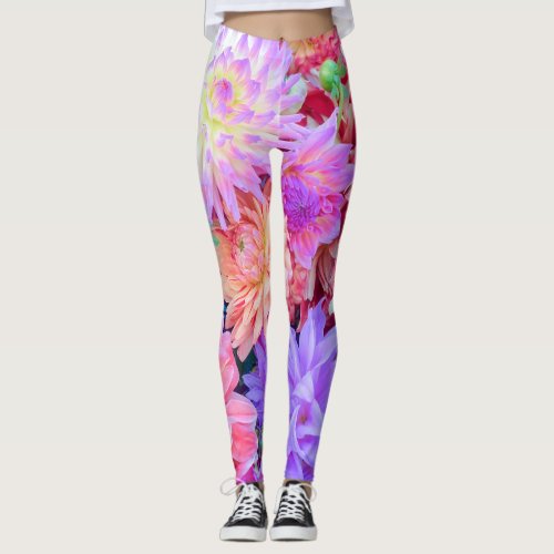 Elegant Red Pink Purple Orange Flowers Bouquet  Leggings