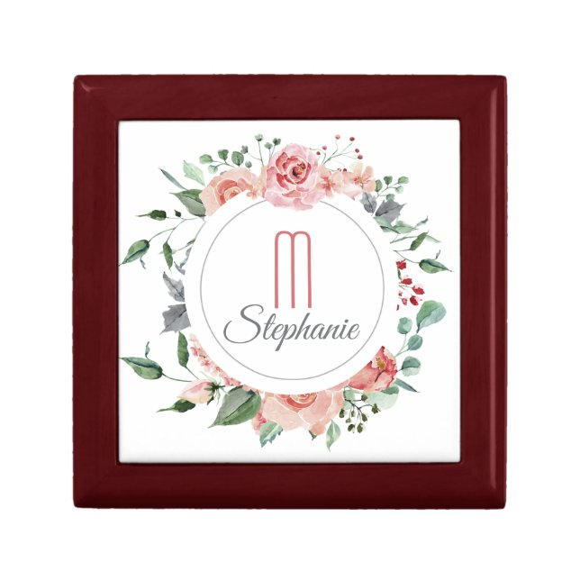 Elegant Red Pink Rose Floral Frame Monogram Gift Box (Front)