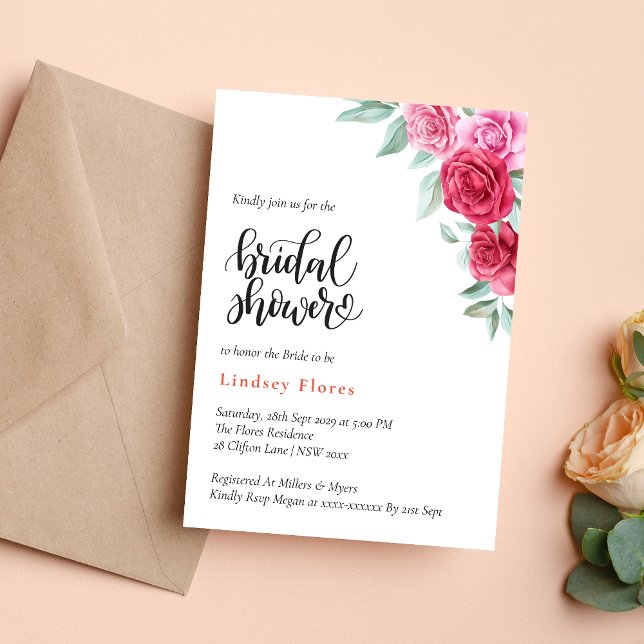 Elegant Red Pink Rose Floral Minimal Bridal Shower Invitation (Creator Uploaded)