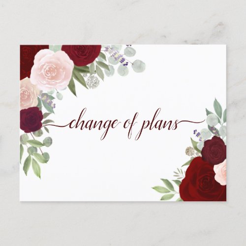 Elegant Red  Pink Roses Change of Wedding Plans Announcement Postcard