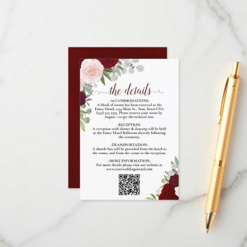 Elegant Red  Pink Roses Wedding Details QR Code Enclosure Card