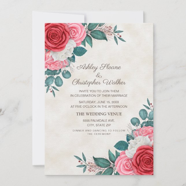 Elegant Red Pink Roses Wedding Invitation (Front)
