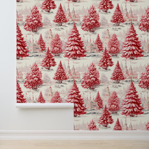 Elegant Red Pink Vintage Snowy Christmas Trees Wallpaper