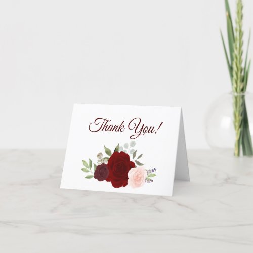 Elegant Red  Pink Watercolor Roses Wedding Photo Thank You Card
