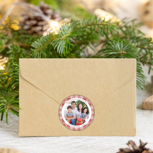 Elegant Red Plaid Christmas Holiday Photo Classic Round Sticker