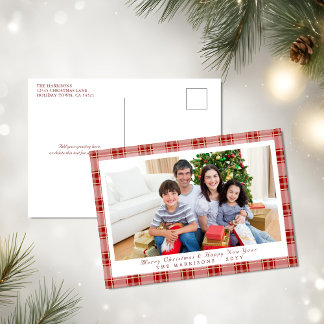 Elegant Red Plaid Christmas Photo Postcard