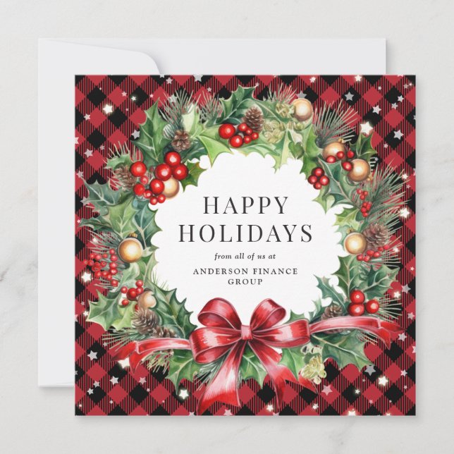 Elegant Red Plaid Christmas Wreath Business Holiday Card (Front)