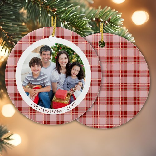 Elegant Red Plaid Family Christmas Photo Ornament