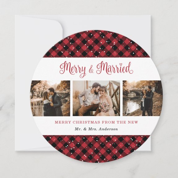 Elegant Red Plaid Newlyweds Christmas Card