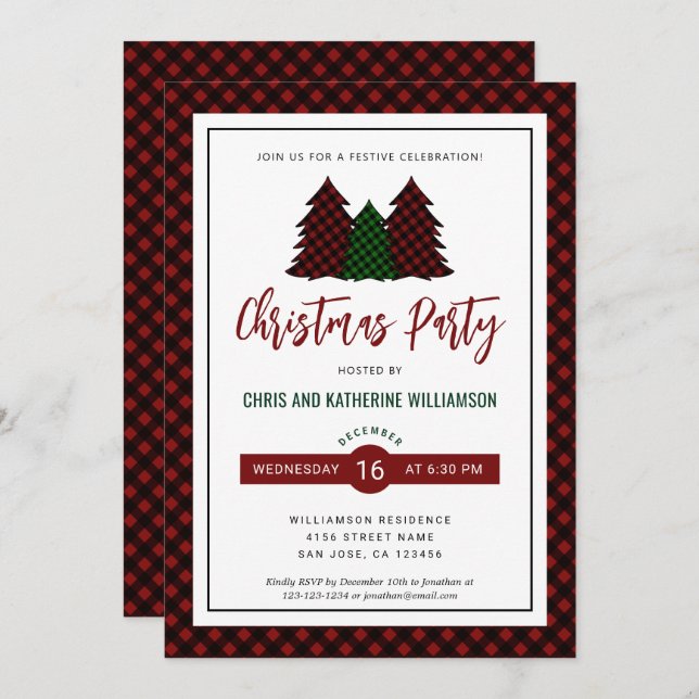 Elegant Red Plaid Pattern Christmas Holiday Party Invitation (Front/Back)